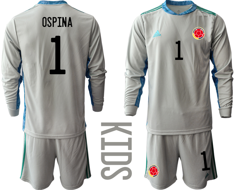Youth 2020-2021 Season National team Colombia goalkeeper Long sleeve grey #1 Soccer Jersey